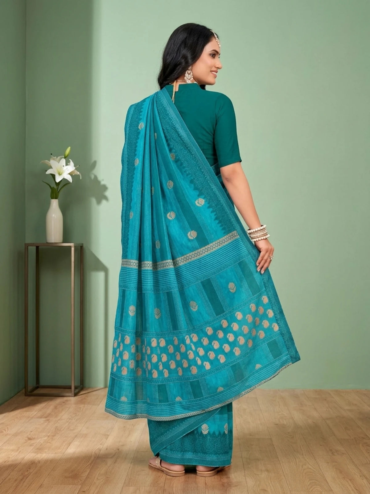 Minu fashions Printed Daily Wear Pure Cotton Saree (Dark Blue)