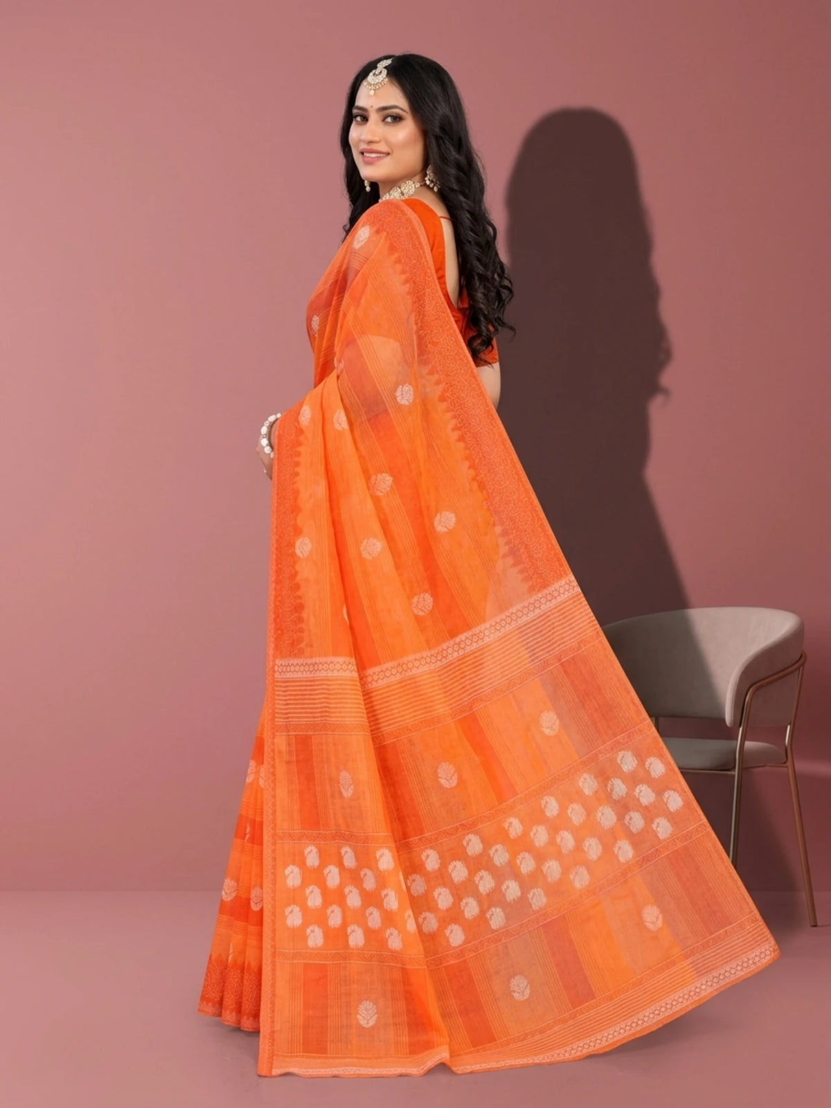 Minu fashions Printed Daily Wear Pure Cotton Saree (Orange)
