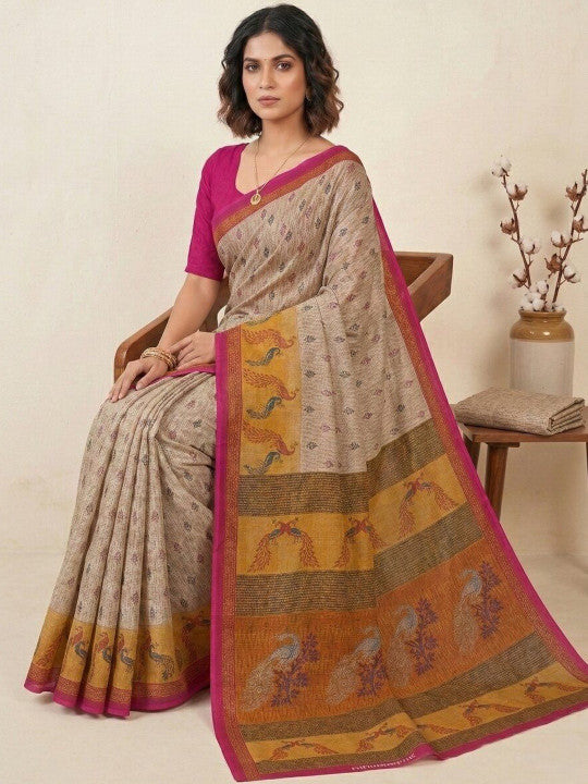 Minu fashions Printed Daily Wear Pure Cotton Saree (Cream)