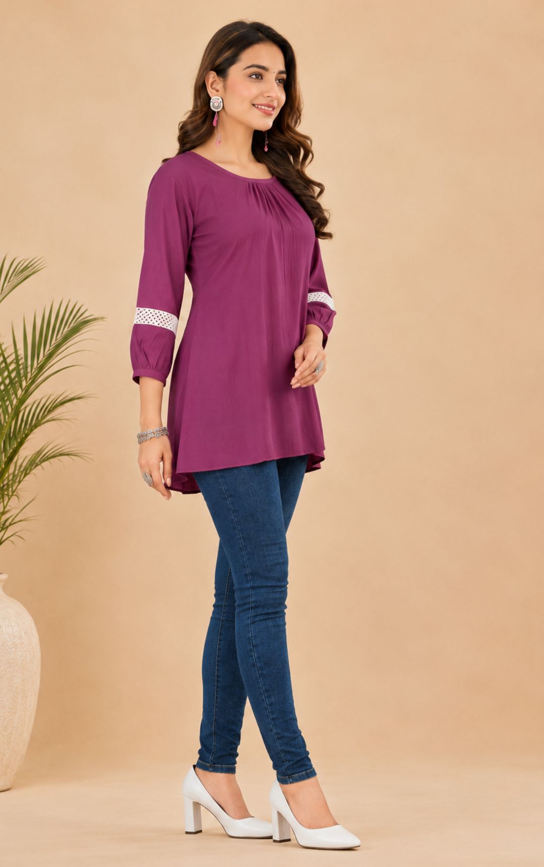 Magenta Purple Pleated Neck Tunic | Regular Fit Casual Top (Short Kurti)