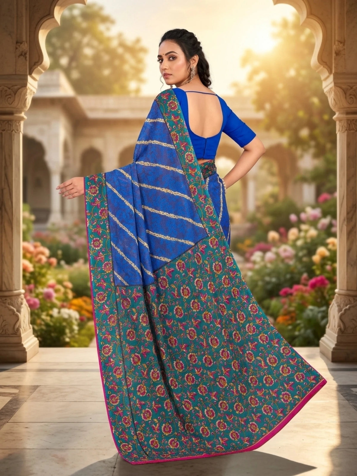 Minu fashions Printed Daily Wear Cotton Blend Saree (Blue)