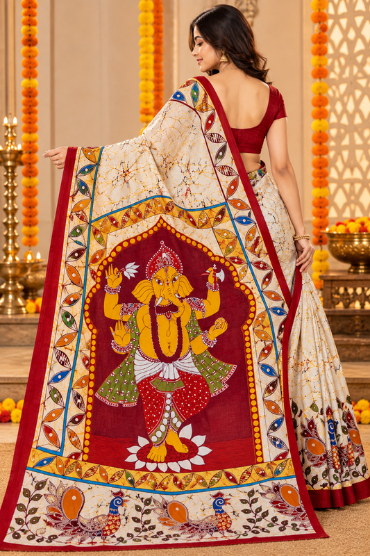 Minu | Puja Special Multicolor Printed Saree with Lord Ganesha Pallu & Peacock Motifs