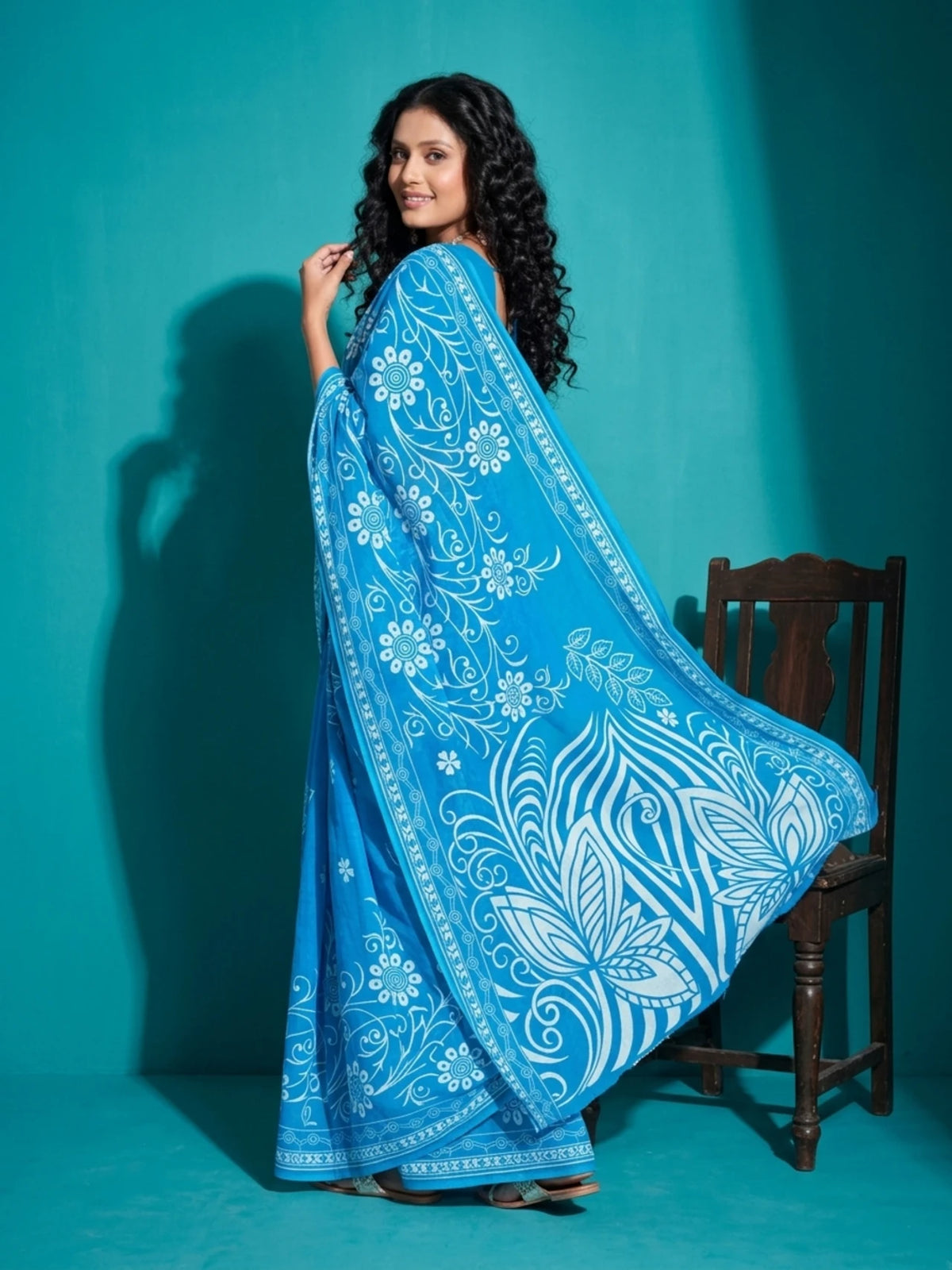 Minu fashions Printed Daily Wear Pure Cotton Saree (Blue)