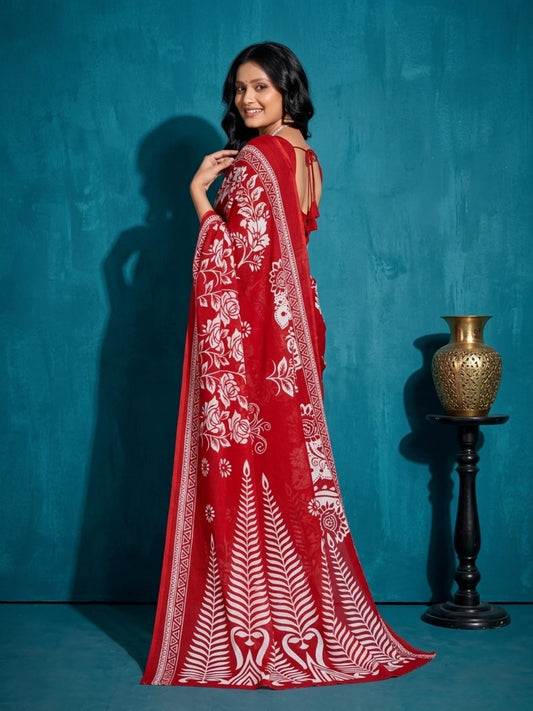 Minu fashions Floral Print Daily Wear Pure Cotton Saree (Red)