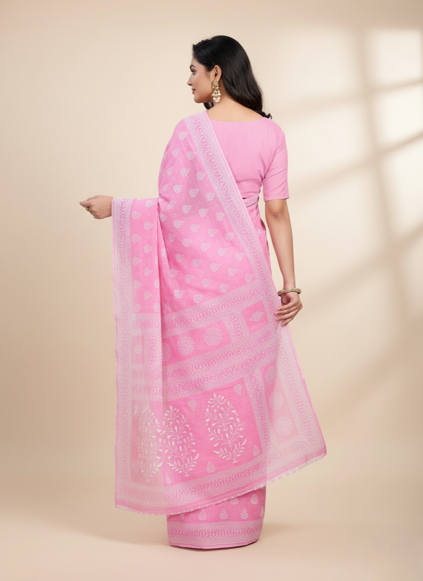 MINU SAREE PESTAL MAGIC Pink Cotton Printed Saree