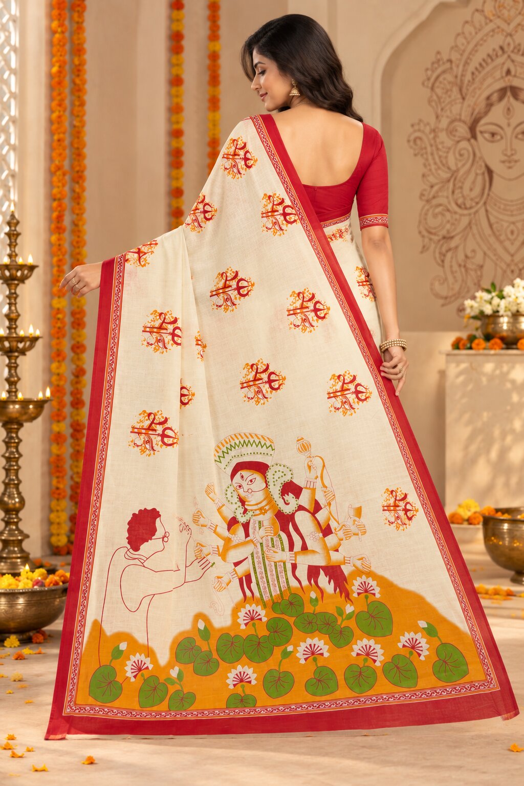 Minu | Women Durga Puja Special Saree White Malai Cotton Folk Art Printed with Red Border