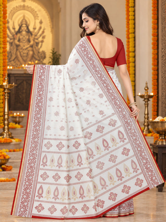 Red & White Bengali Saree for Durga Puja | Traditional Festive Saree with Printed Motifs & Border