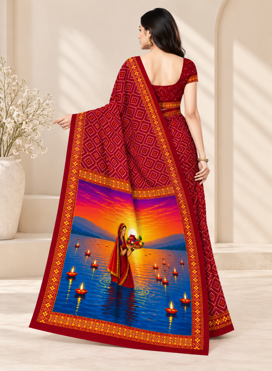 Minu | Women Maroon Printed Saree with Chhath Puja Sunset Pallu
