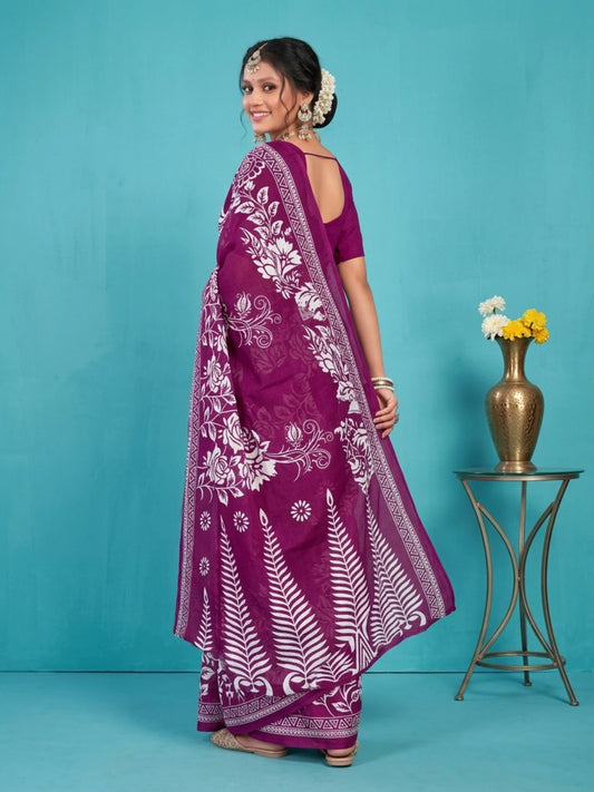 Minu fashions Floral Print Daily Wear Pure Cotton Saree (Purple)