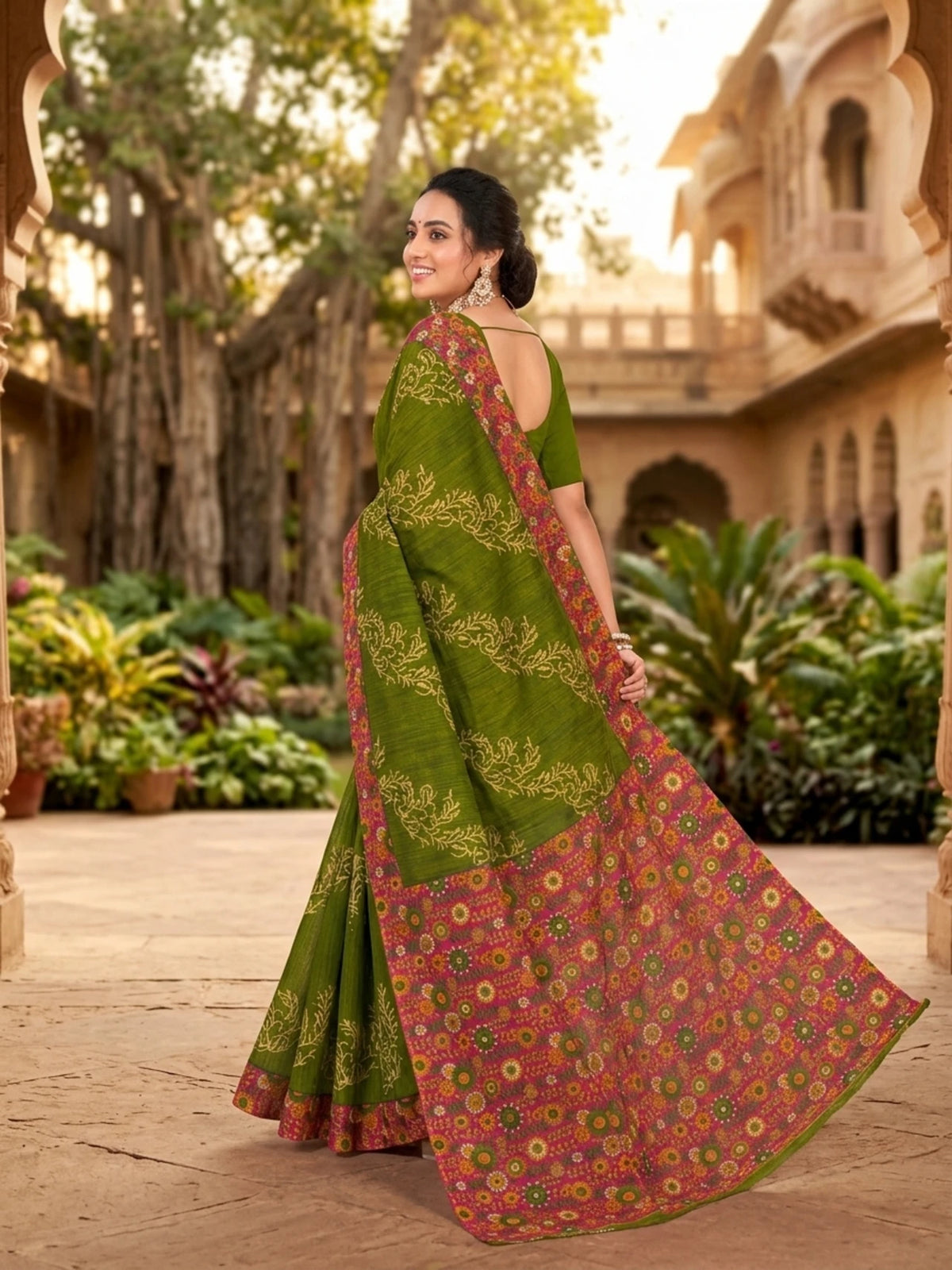 Minu fashions Printed Daily Wear Cotton Blend Saree (Green)