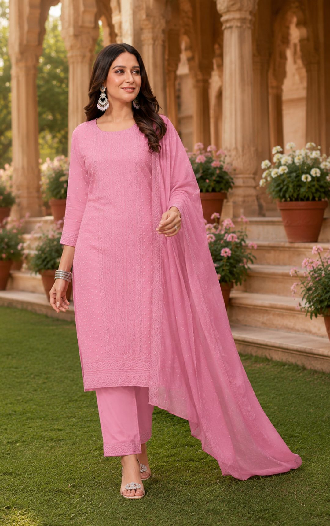 Minu Fashions Naaz Delux Pink Embroidered Salwar Suit