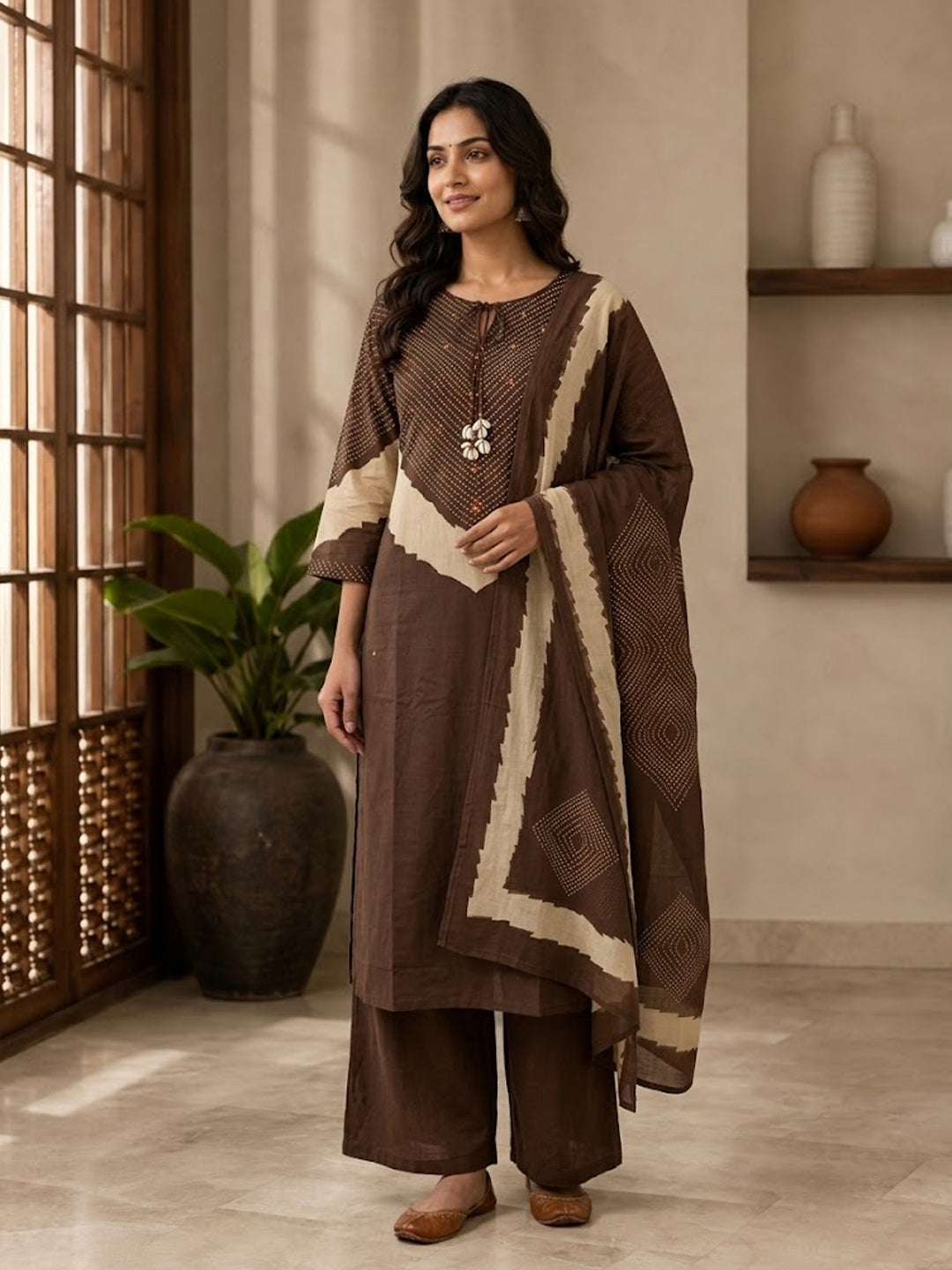 Himanshi Women Brown Pure Cotton Straight Kurta Set with Palazzo & Dupatta | Ank
