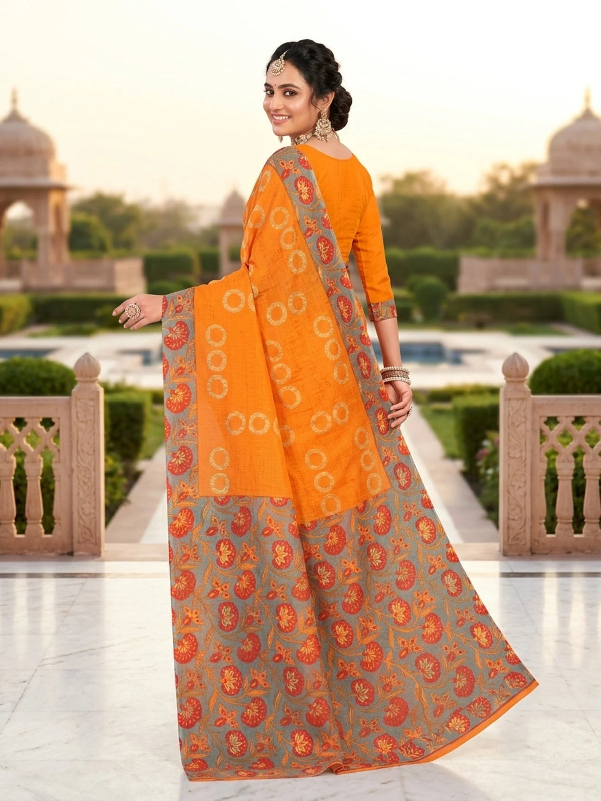 Minu fashions Printed Daily Wear Cotton Blend Saree (Orenge)