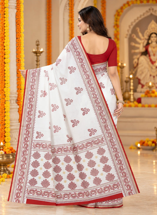 Red & White Bengali Saree for Durga Puja | Traditional Buti Motif Saree with Statement Border