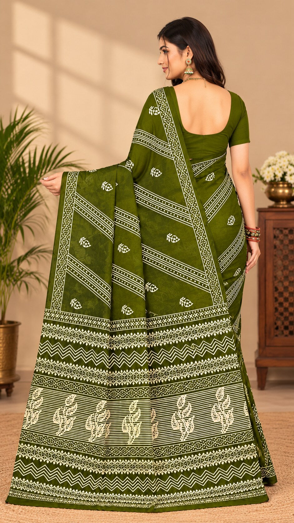MINU | Women Olive Green Printed Saree with Matching Blouse Piece