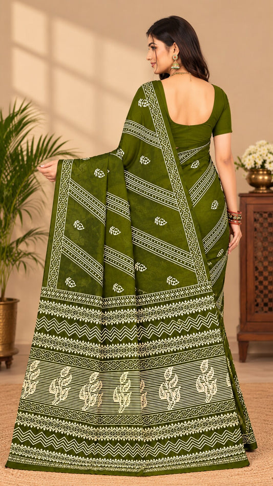 MINU | Women Olive Green Printed Saree with Matching Blouse Piece