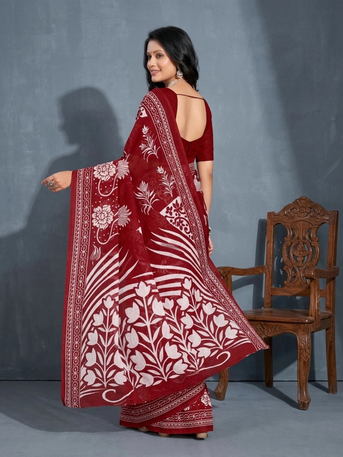 Minu fashions Printed Daily Wear Pure Cotton Saree (Red)