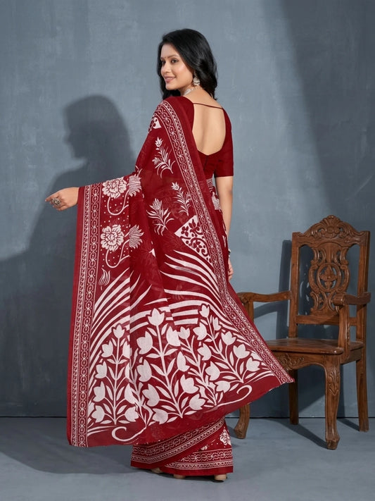 Minu fashions Printed Daily Wear Pure Cotton Saree (Red)