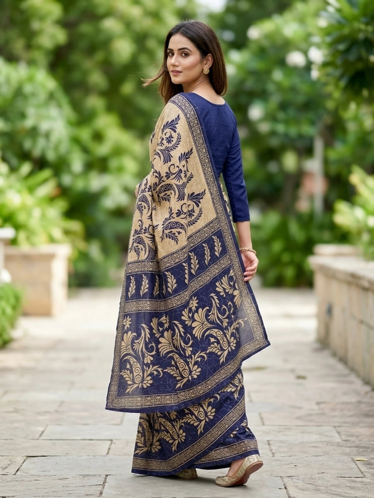 Minu fashions Printed Daily Wear Pure Cotton Saree (Blue)