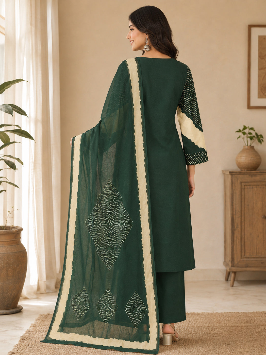 Himanshi Women Green Pure Cotton Straight Kurta Set with Palazzo & Dupatta | Ank