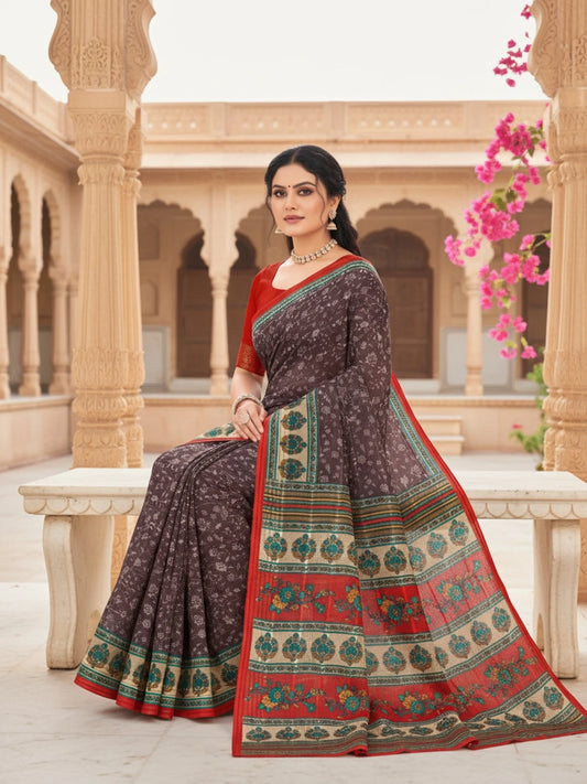 Minu fashions Printed Daily Wear Pure Cotton Saree (Multicolor)