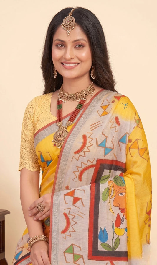 Minu fashions Printed Daily Wear Pure Cotton Saree (Yellow)