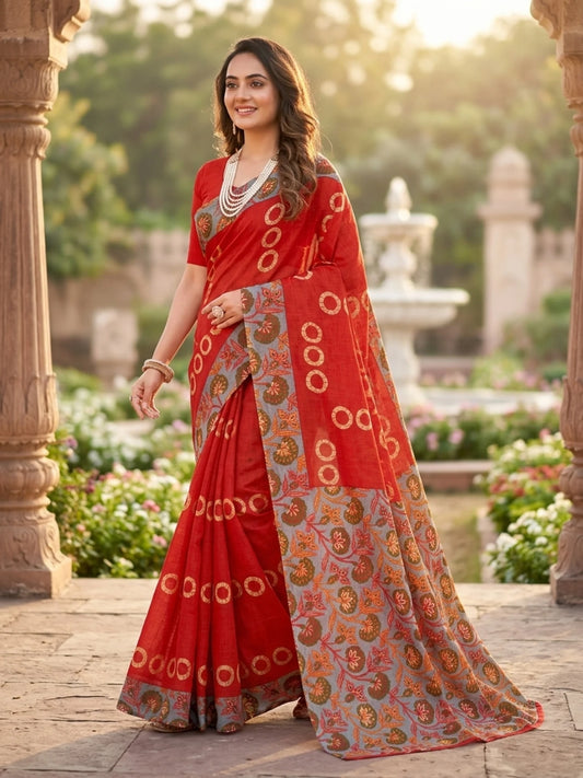 Minu fashions Printed Daily Wear Cotton Blend Saree (Red)