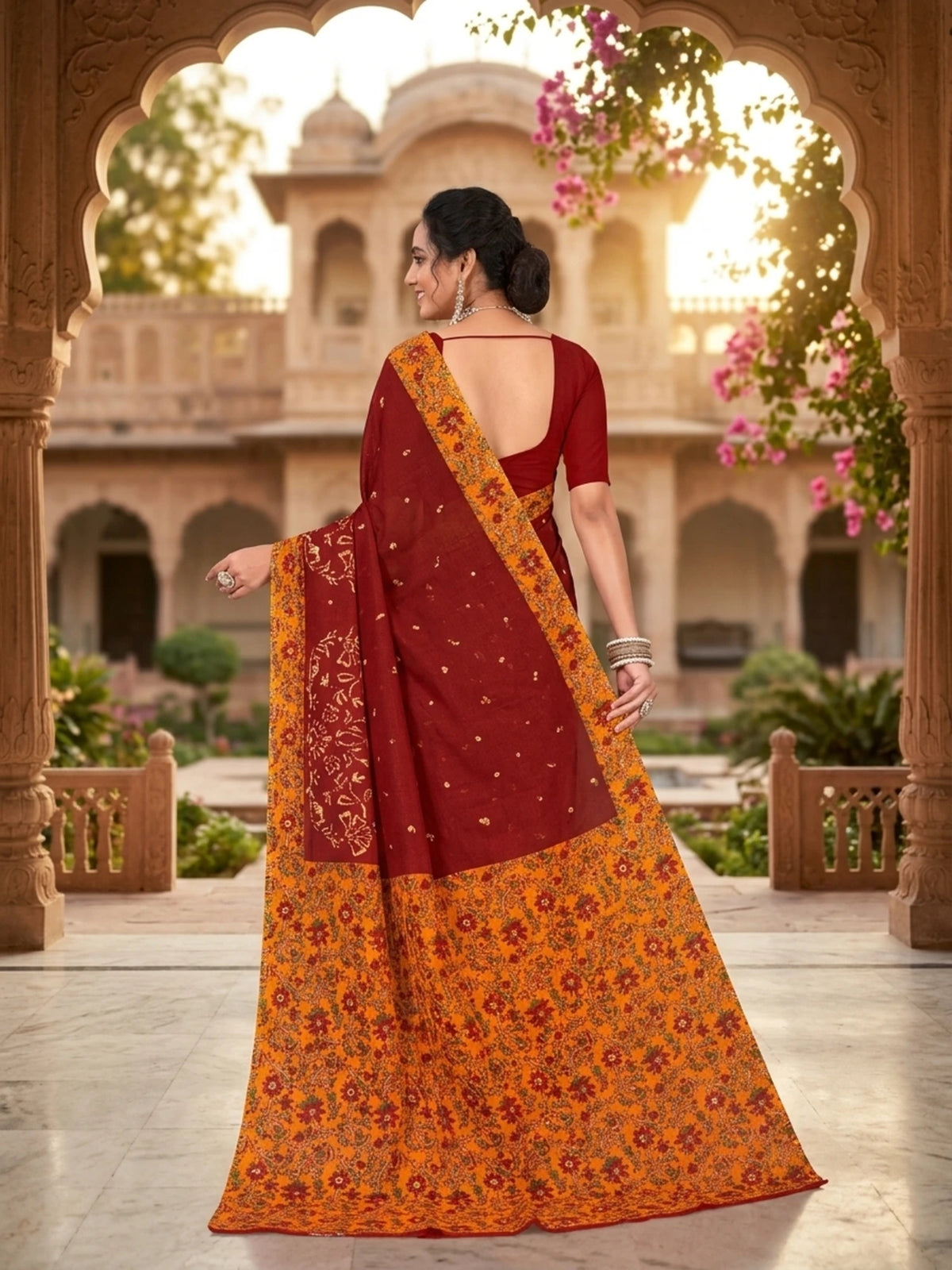 Minu fashions Printed Daily Wear Cotton Blend Saree (Maroon)