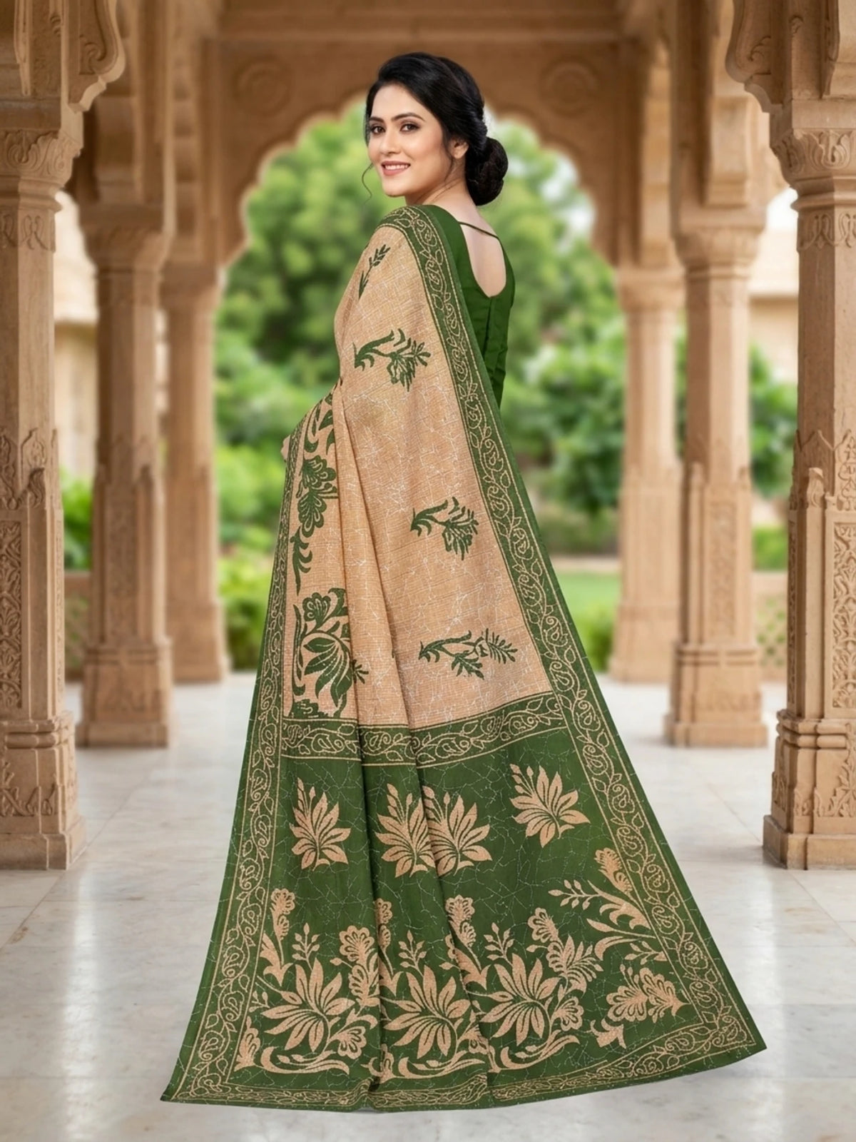 Minu fashions Printed Daily Wear Pure Cotton Saree (Green)