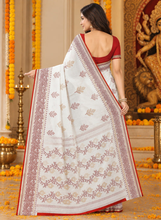 Red & White Floral Bengali Saree for Durga Puja | Traditional Festive Saree with Elegant Motifs