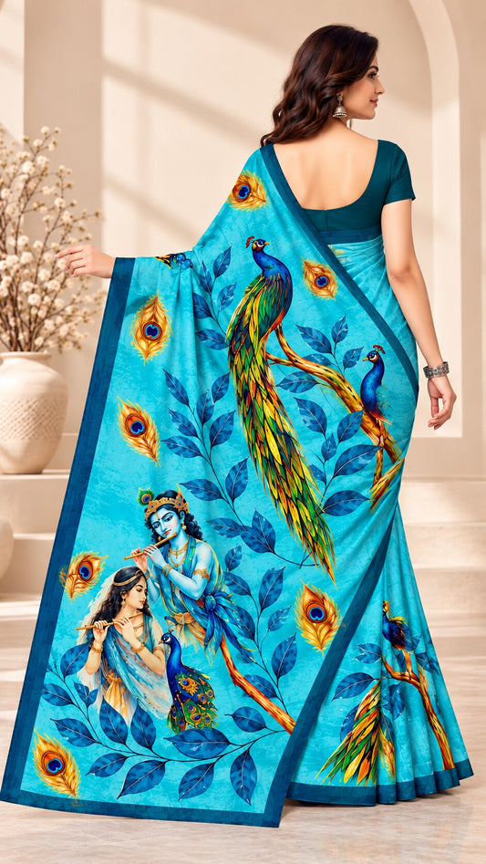 Minu | Women’s Multicolour Malai Cotton Madhubani Printed Saree with Contrast Border