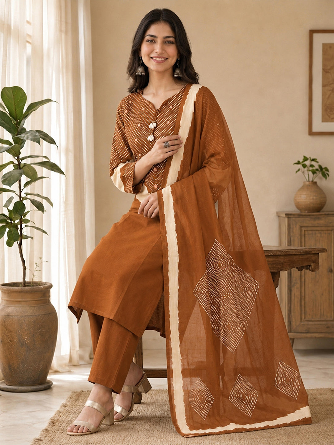 Himanshi Women Orange Pure Cotton Straight Kurta Set with Palazzo & Dupatta | Ank