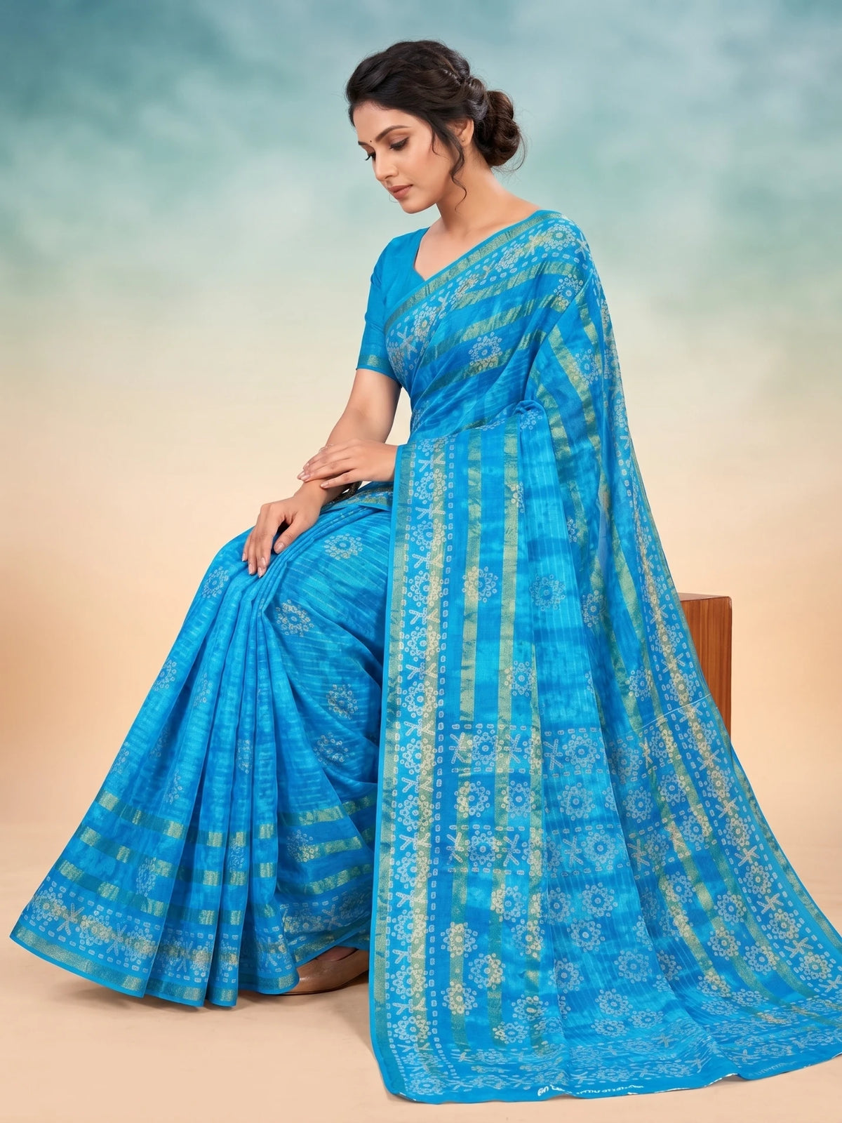 Minu fashions Printed Daily Wear Pure Cotton Saree (Blue)