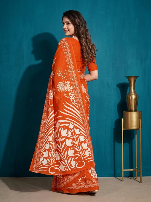 Minu fashions Printed Daily Wear Pure Cotton Saree (Orange)