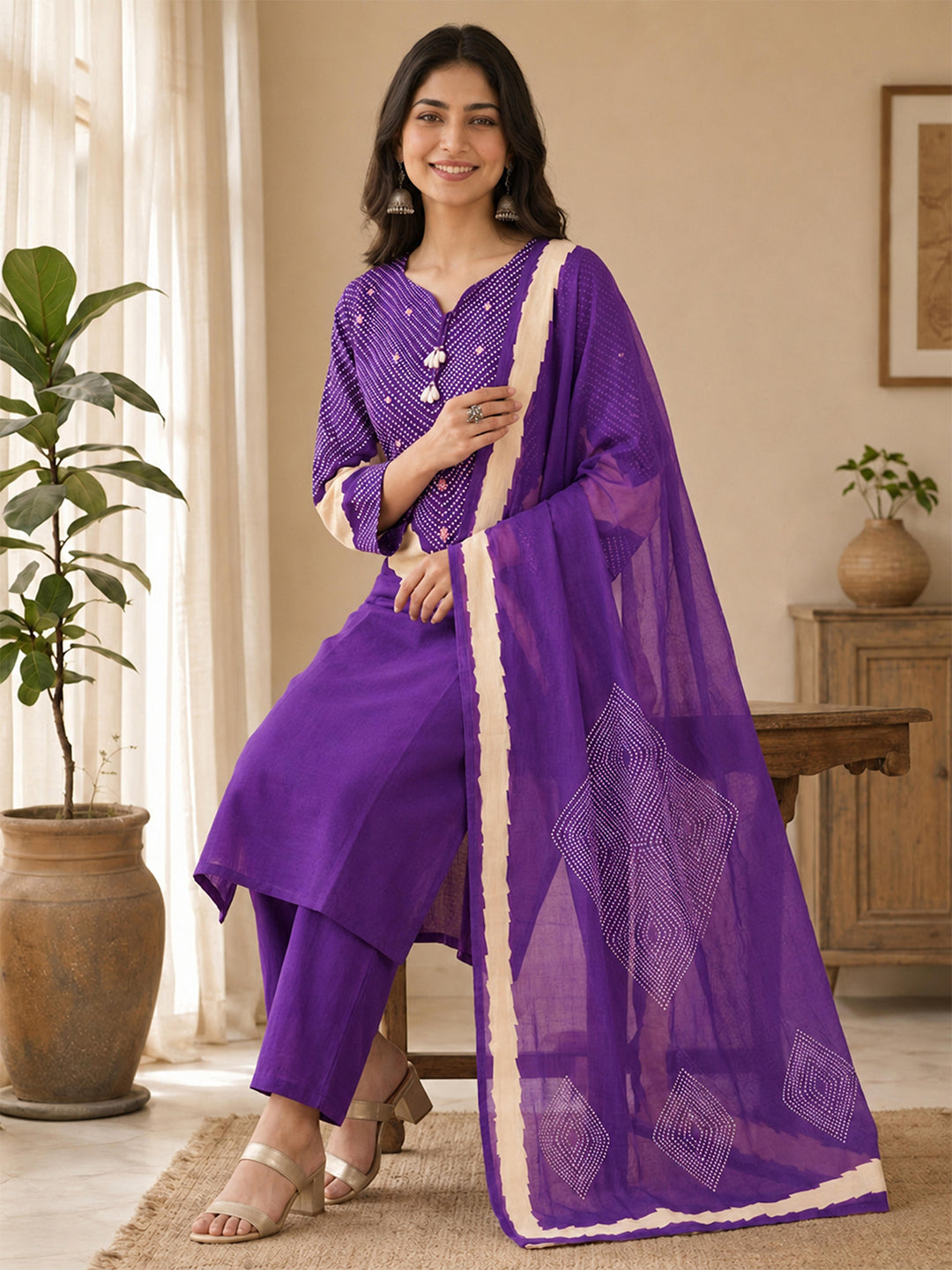 Himanshi Women Purple Pure Cotton Straight Kurta Set with Palazzo & Dupatta | Ank