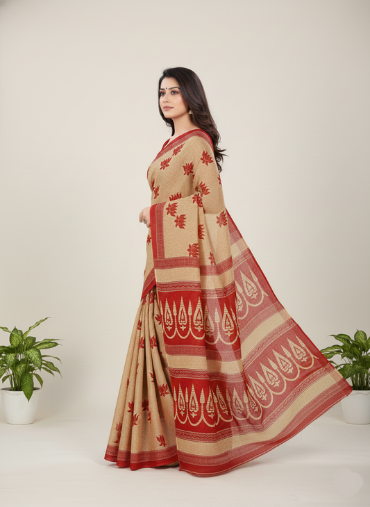 Mumtaz Red Chiku Soft Cotton Saree