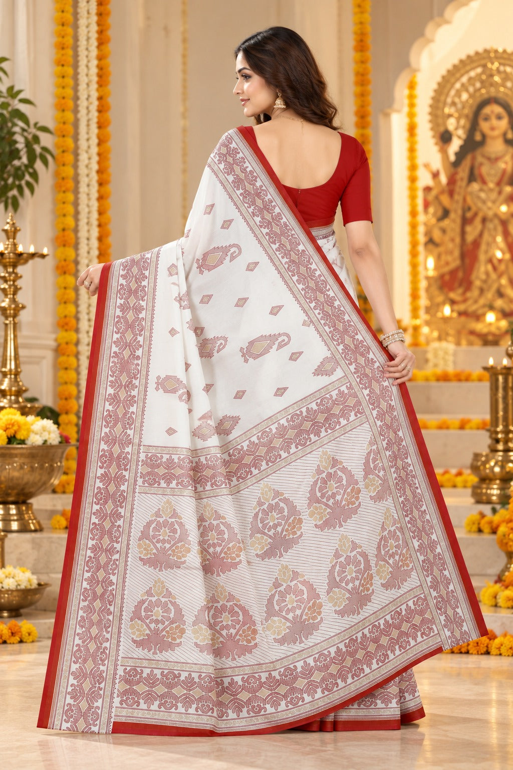 White & Red Traditional Bengali Saree for Durga Puja | Elegant Printed Motif Festive Saree