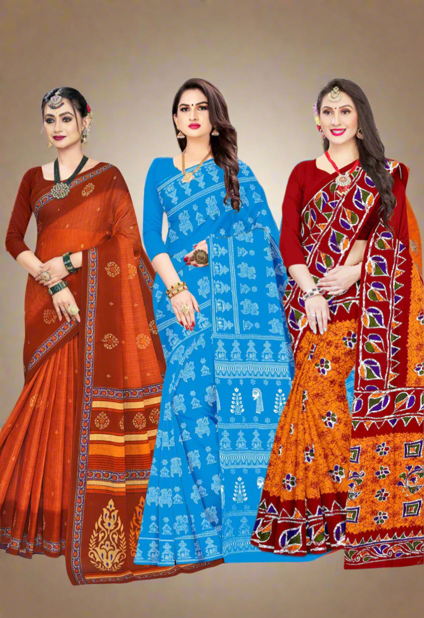 Combo Of Cotton Printed Sarees - Pack of 3