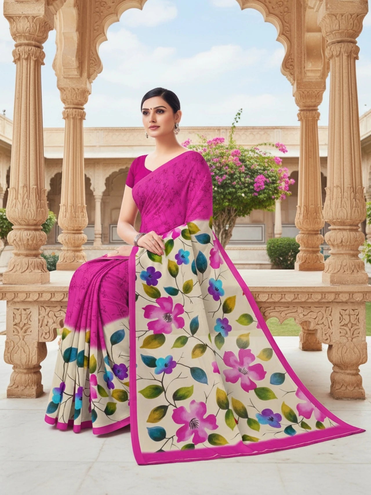 Minu fashions Printed Daily Wear Pure Cotton Saree (Pink)