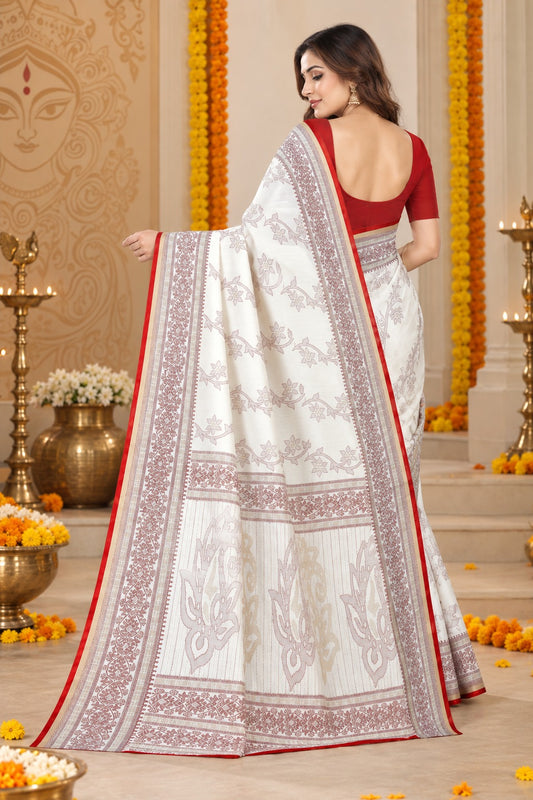 White & Red Bengali Saree for Durga Puja | Traditional Ethnic Motif Saree with Red Border