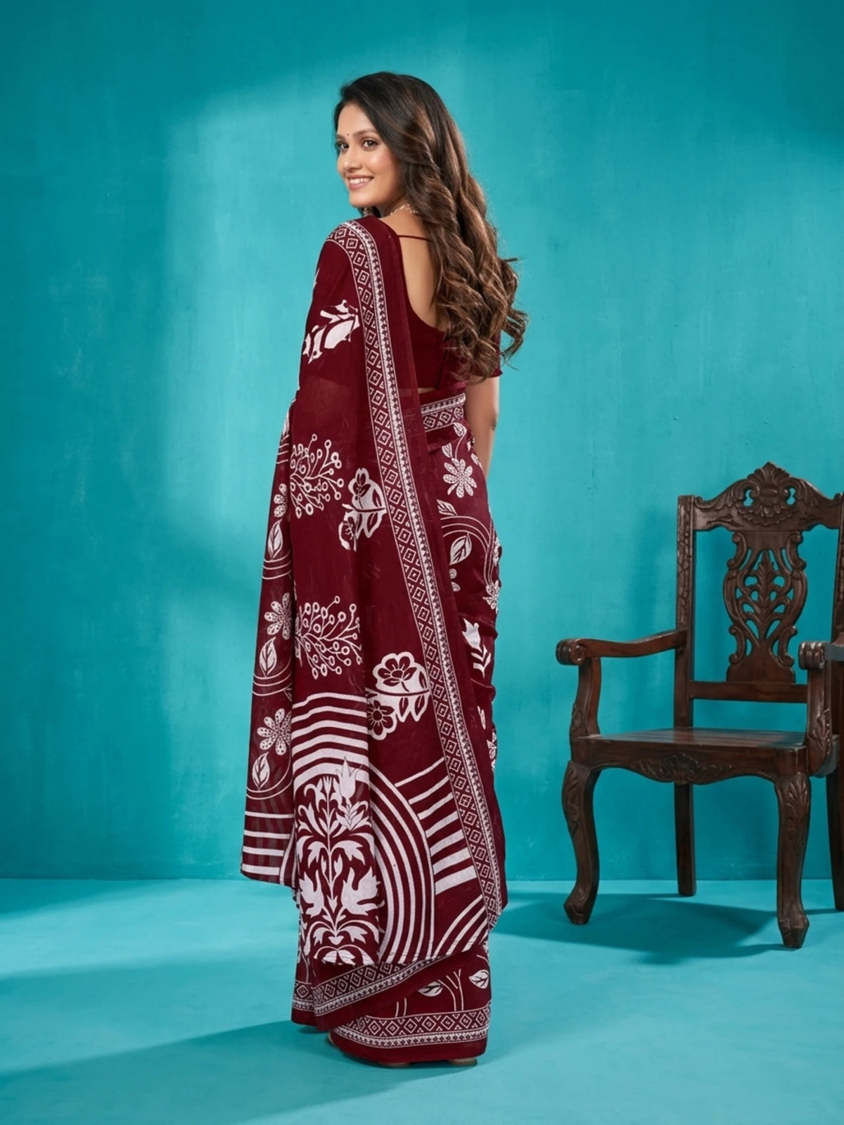 Minu fashions Printed Daily Wear Pure Cotton Saree (Maroon)