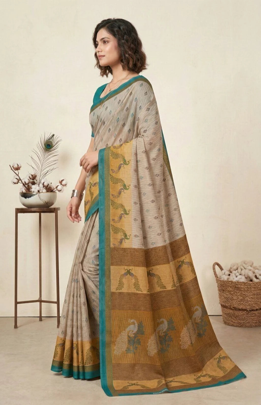 Minu Fashions Jiva Beige & Teal Cotton Linen Peacock Print Saree