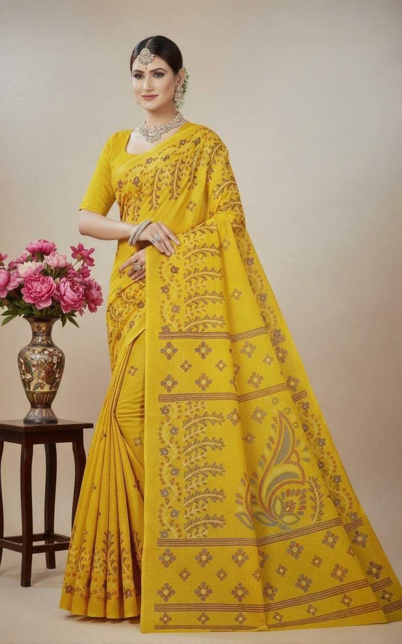 Kashmiri Cotton Printed Saree Yellow 3223