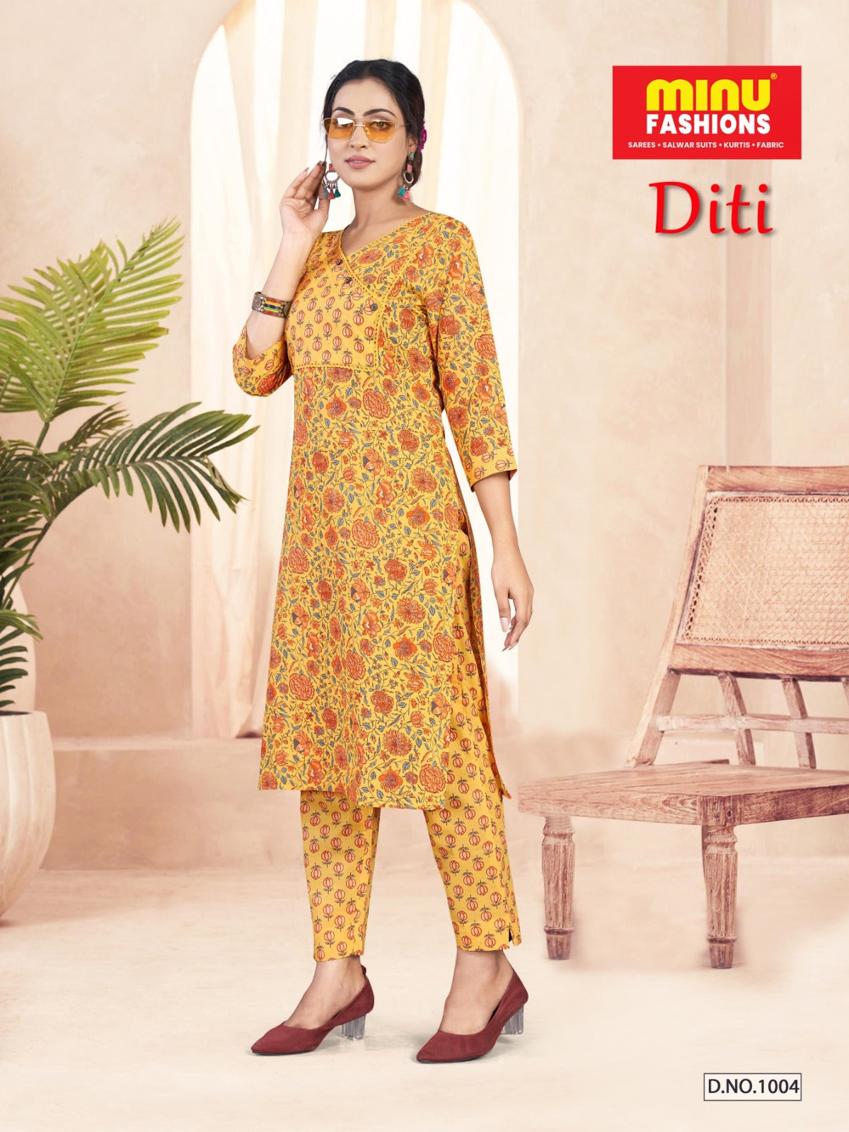 Diti Cotton Printed Kurti Set Yellow 1004