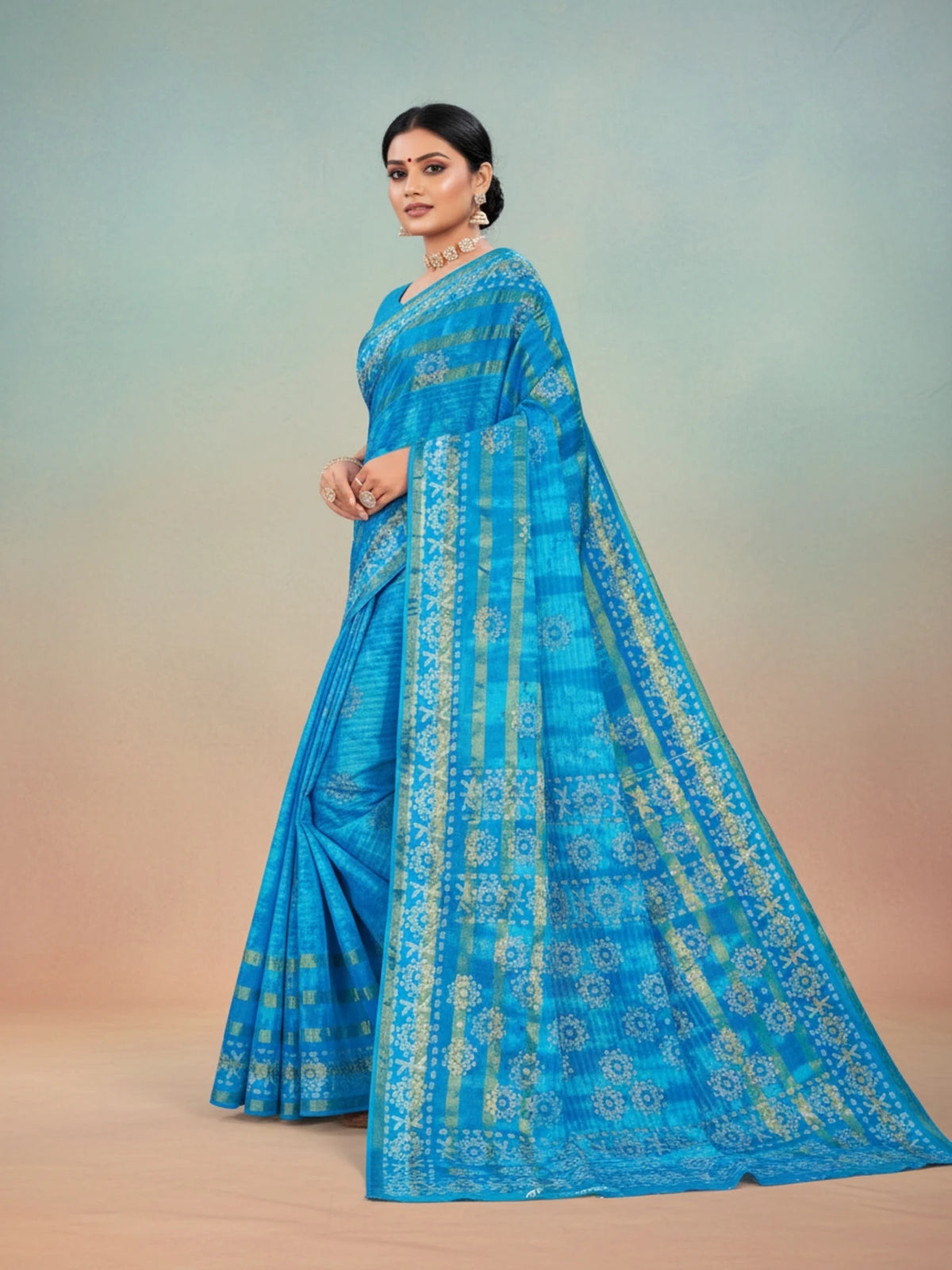 Minu fashions Printed Daily Wear Pure Cotton Saree (Blue)