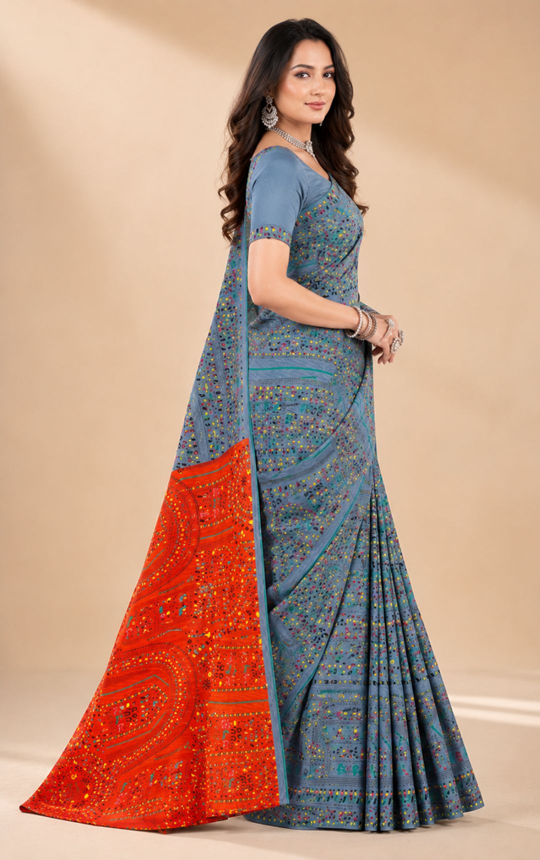 Boutique Special Blue Printed Saree With Contrasting Red Bandhani Print Pallu
