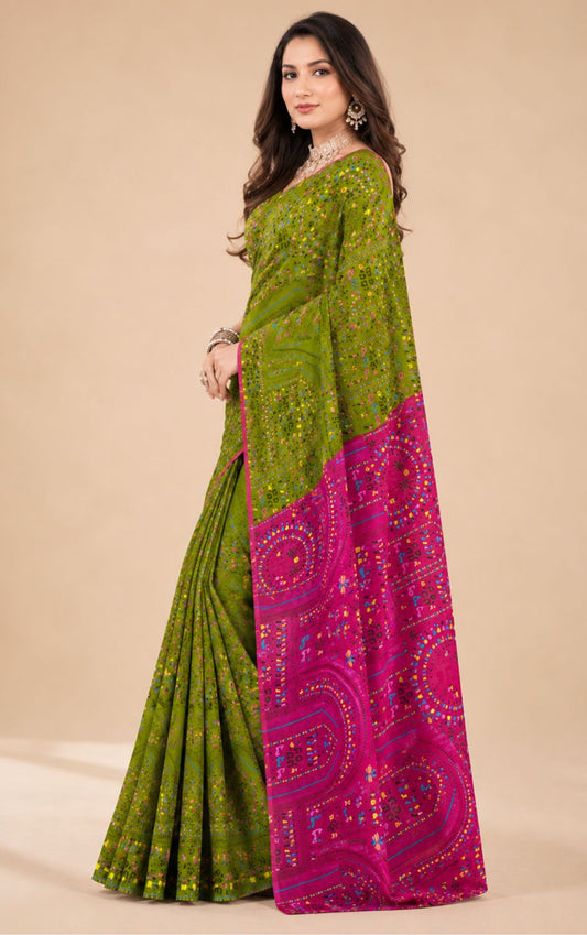 Boutique Special Olive Green And Magenta Pink Bandhani Print Saree