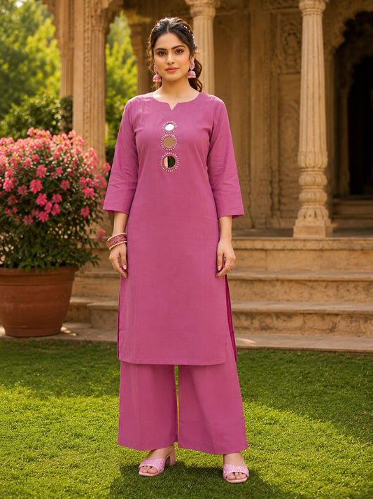 Purva Women Vartican Silk Straight Cut Kurti Set with Palazzo | Mirror & Beads Work | Women's Ethnic Wear