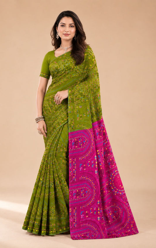 Boutique Special Olive Green And Magenta Pink Bandhani Print Saree