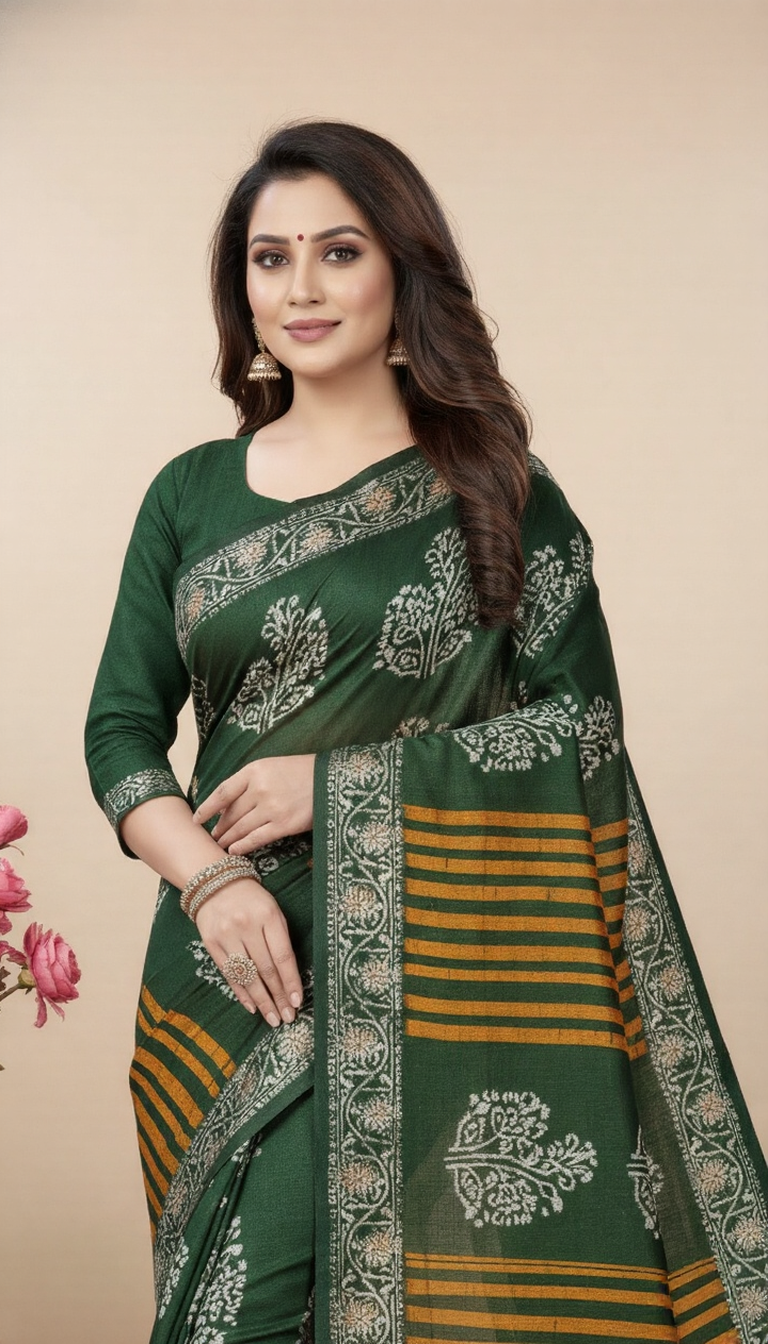 Kacha Badam Batik Cotton Printed Saree Green 3809